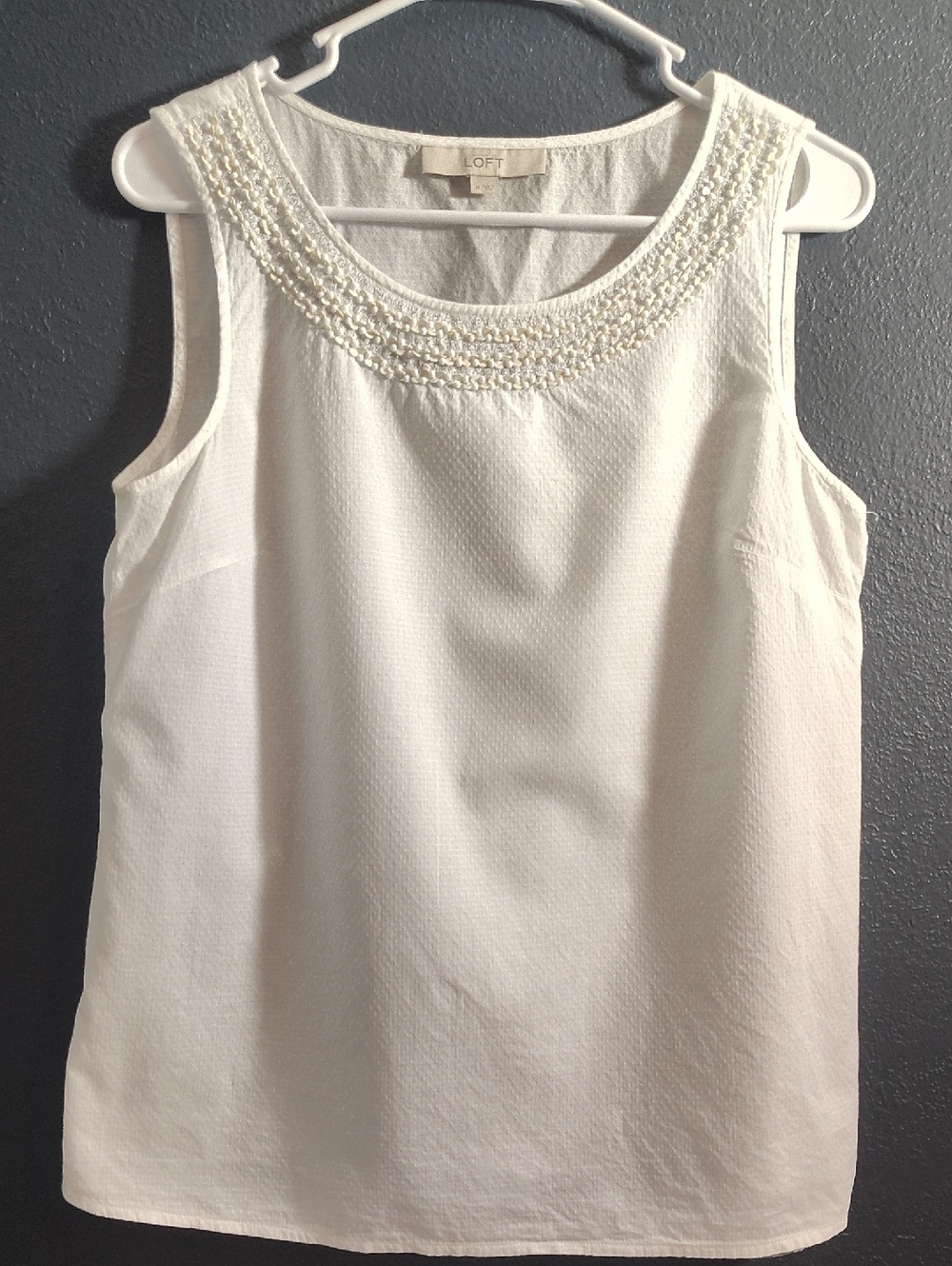 LOFT White Sleeveless with Beaded Neckline Feminine Career Classic Top